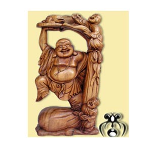 Happy Buddha With Baby Statue, Hand Carved From Suar Wood