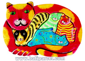 Wooden Painted Cat Puzzle, And 4 Small Cats.