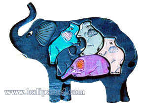 Wooden Painted Elephant Puzzle, And 5 Small Elephants.