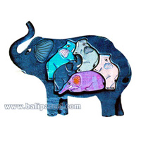 Wooden Painted Elephant Puzzle, And 5 Small Elephants.