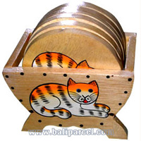 Hand Painted Coaster With Cat, Set Of 6.