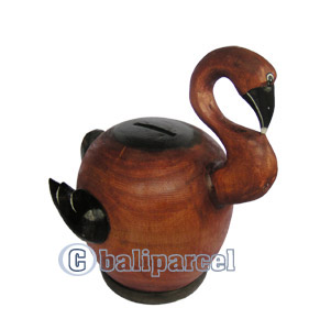 Wooden Coins Box Flamingo, Hand Carved From Albesia Wood