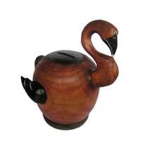 Wooden Coins Box Flamingo, Hand Carved From Albesia Wood