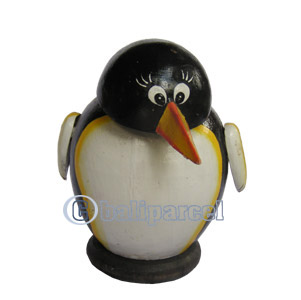 Wooden Coins Box Pinguin, Hand Carved From Albesia Wood