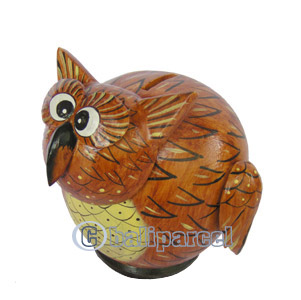 Wooden Coins Box Owl, Hand Carved From Albesia Wood