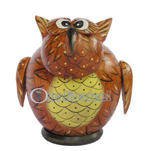Wooden Coins Box Owl, Hand Carved From Albesia Wood