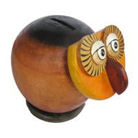 Wooden Coins Box Owl, Hand Carved From Albesia Wood