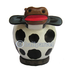 Wooden Coins Box Cow, Hand Carved From Albesia Wood