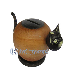 Wooden Coins Box Cat, Hand Carved From Albesia Wood