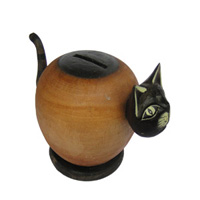 Wooden Coins Box Cat, Hand Carved From Albesia Wood