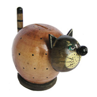 Wooden Coins Box Cat, Hand Carved From Albesia Wood