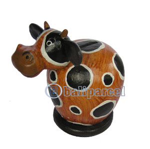 Wooden Coins Box Cow, Hand Carved From Albesia Wood