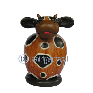 Wooden Coins Box Cow, Hand Carved From Albesia Wood