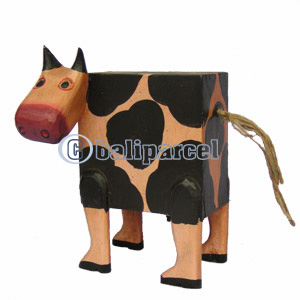 Wooden Coins Box Cow, Hand Carved From Albesia Wood
