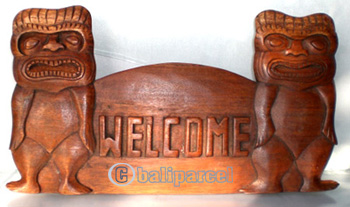 Wooden Tiki Welcome Wallhanging, Hand Carved From Suar Wood