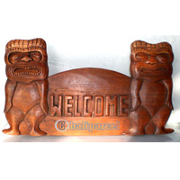 Wooden Tiki Welcome Wallhanging, Hand Carved From Suar Wood