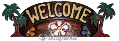 Wooden Tiki Welcome Wallhanging, Hand Carved From Albesia Wood