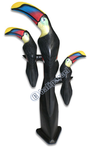 Toucan Bird With Babies, Hand Carved From Albesia Wood.