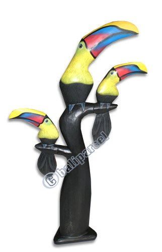 Toucan Bird With Babies, Hand Carved From Albesia Wood.