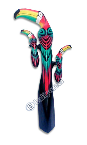 Toucan Bird With Babies, Hand Carved From Albesia Wood.
