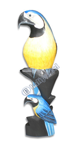 Parrot Bird With Baby, Hand Carved From Albesia Wood.