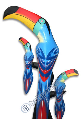 Toucan Bird With Babies, Hand Carved From Albesia Wood.