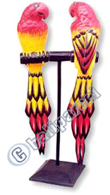 Two Parrot Birds With Painted, Hand Carved From Albesia Wood.