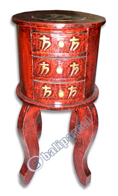 Wooden Side Table With 3 Drawers, Hand Painted With Chinese Letter Motif