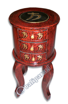 Wooden Side Table With 3 Drawers, Hand Painted With Chinese Letter Motif