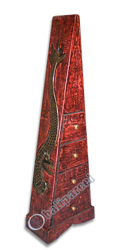 Wooden Pyramid Cabinet With Drawers, Hand Painted With Dragon Motif