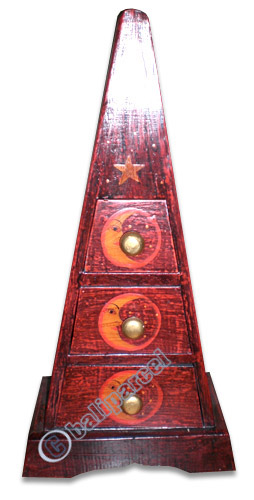 Wooden Pyramid Cabinet With Drawers, Hand Painted With Sun & Moon Motif