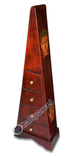 Wooden Pyramid Cabinet With Drawers, Hand Painted With Buddha Motif