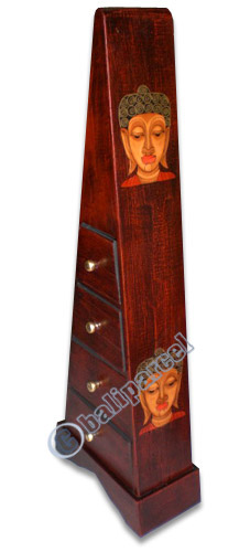 Wooden Pyramid Cabinet With Drawers, Hand Painted With Buddha Motif