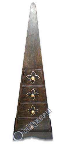 Wooden Pyramid Cabinet With Drawers, Hand Painted With Balinise Letter Motif