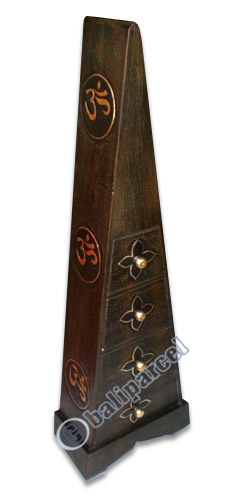 Wooden Pyramid Cabinet With Drawers, Hand Painted With Balinise Letter Motif