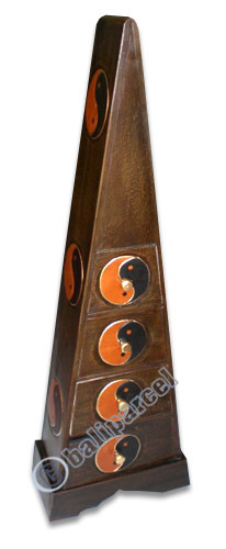 Wooden Pyramid Cabinet With Drawers, Hand Painted With Yin - Yang Motif