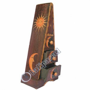 Wooden Pyramid Cabinet With Drawers, Hand Painted With Sun & Moon Motif