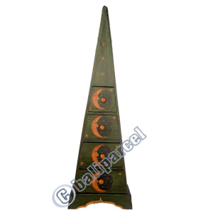 Wooden Pyramid Cabinet With Drawers, Hand Painted With Sun & Moon Motif