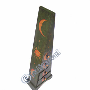 Wooden Pyramid Cabinet With Drawers, Hand Painted With Sun & Moon Motif