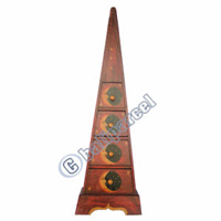 Wooden Pyramid Cabinet With Drawers, Hand Painted With Sun & Moon Motif