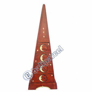 Wooden Pyramid Cabinet With Drawers, Hand Painted With Sun & Moon Motif