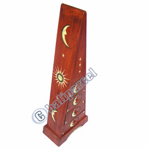 Wooden Pyramid Cabinet With Drawers, Hand Painted With Sun & Moon Motif