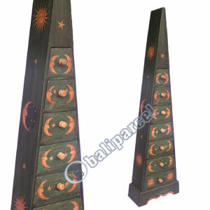 Wooden Pyramid Cabinet With Drawers, Hand Painted With Sun & Moon Motif