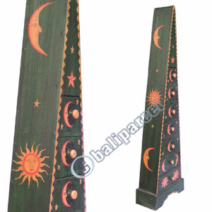 Wooden Pyramid Cabinet With Drawers, Hand Painted With Sun & Moon Motif