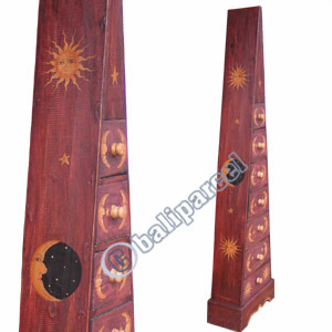 Wooden Pyramid Cabinet With Drawers, Hand Painted With Sun & Moon Motif