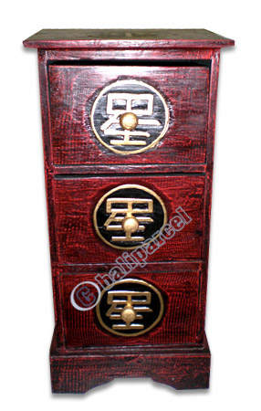 Wooden Cabinet With Drawers, Hand Painted With Chinese Coin Motif