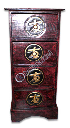 Wooden Cabinet With Drawers, Hand Painted With Chinese Coin Motif