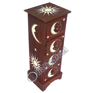 Wooden Cabinet With Drawers, Hand Painted With Sun & Moon Motif