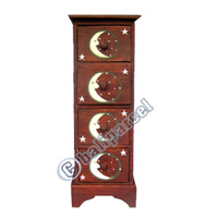 Wooden Cabinet With Drawers, Hand Painted With Sun & Moon Motif