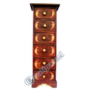 Wooden Cabinet With Drawers, Hand Painted With Sun & Moon Motif